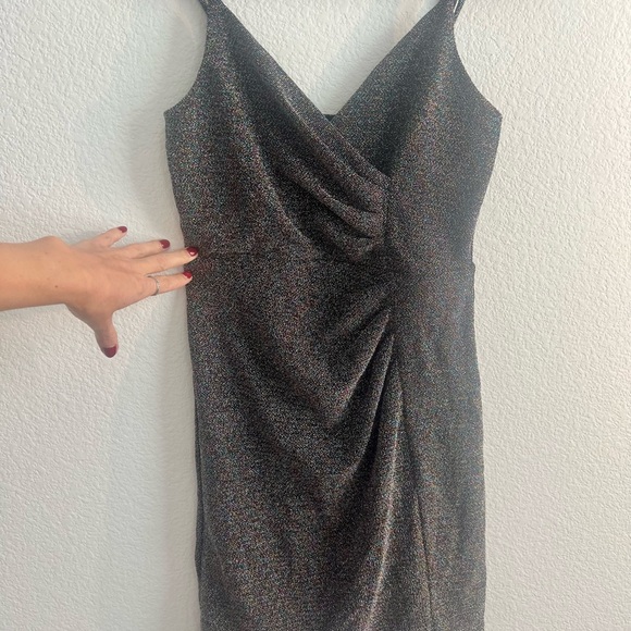 Express Metallic Mini Holiday Glitter Sparkly Shimmer Dress Draped Straps XS - Picture 2 of 4